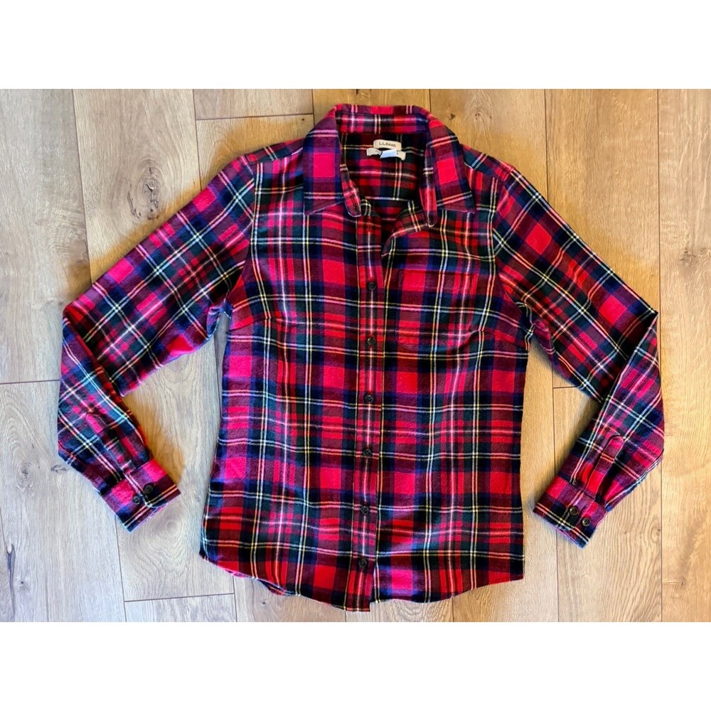 Women’s LL Bean Scotch Red Plaid Flannel Shirt Slightly Fitted Button Up Sz XXS